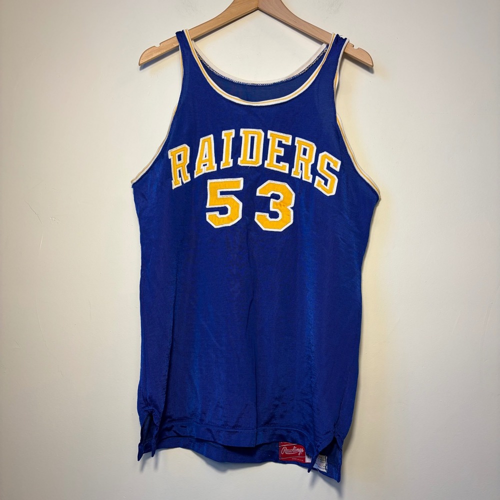 Vintage 1970s Rawlings Raiders 53 Blue Basketball Jersey Large Middletown PA